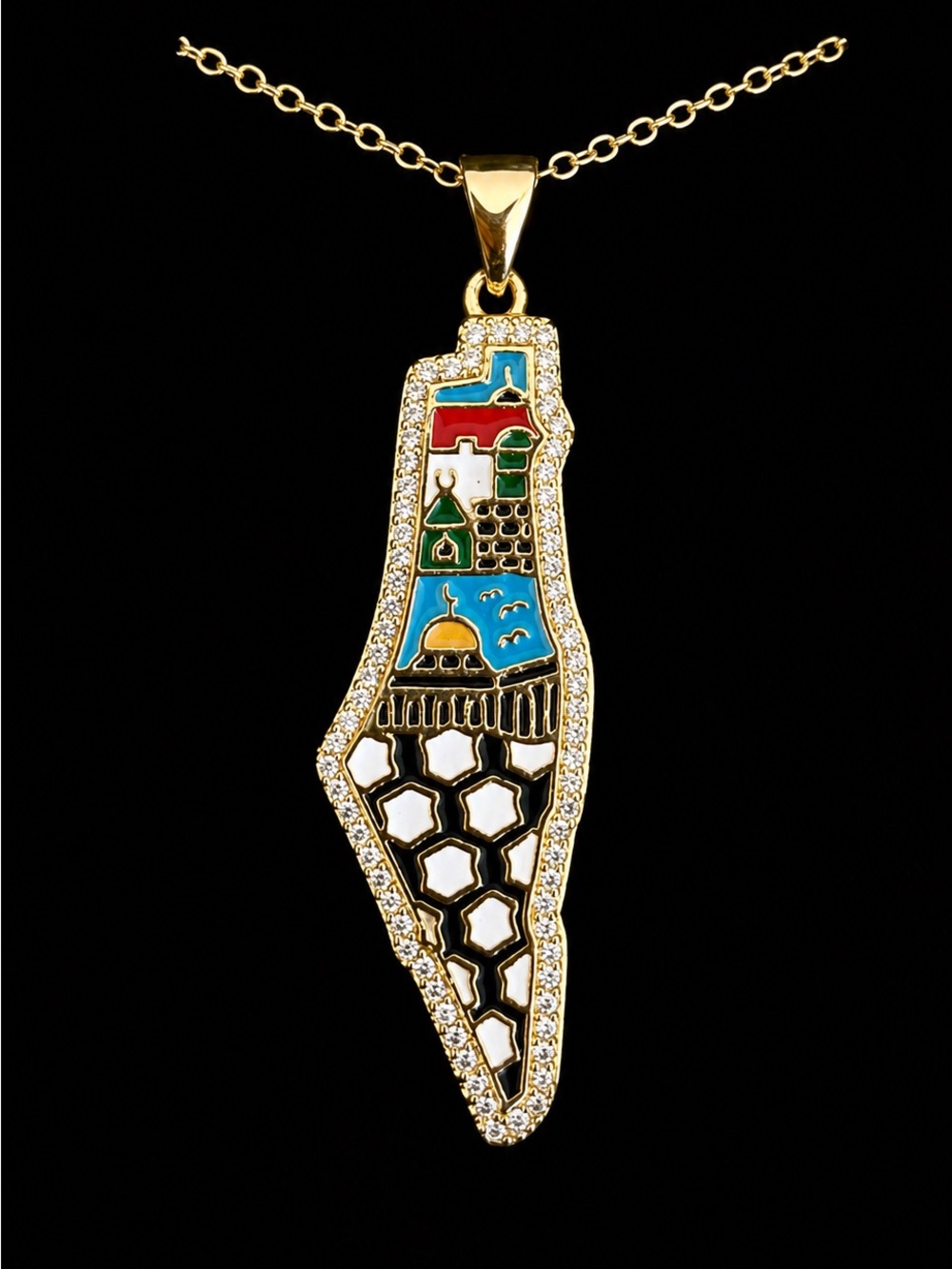 Gold Tone Palestine Map Necklace Pendant Rhinestone Enamel Jerusalem Dome Rock